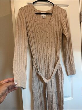 Wilfred Beige Cable-Knit V-Neck Maxi Dress with Belt